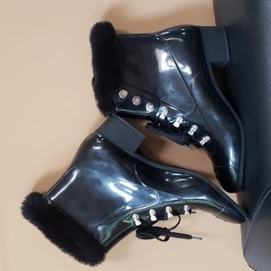 Vintage Chanel ankle boots waterproof winter fur lining shoes black silver